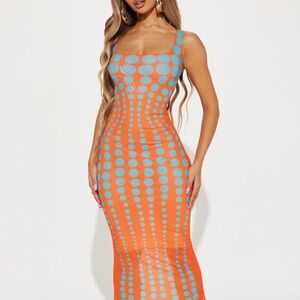Retro Polka Dot Organge & Blue Mesh Maxi Dress